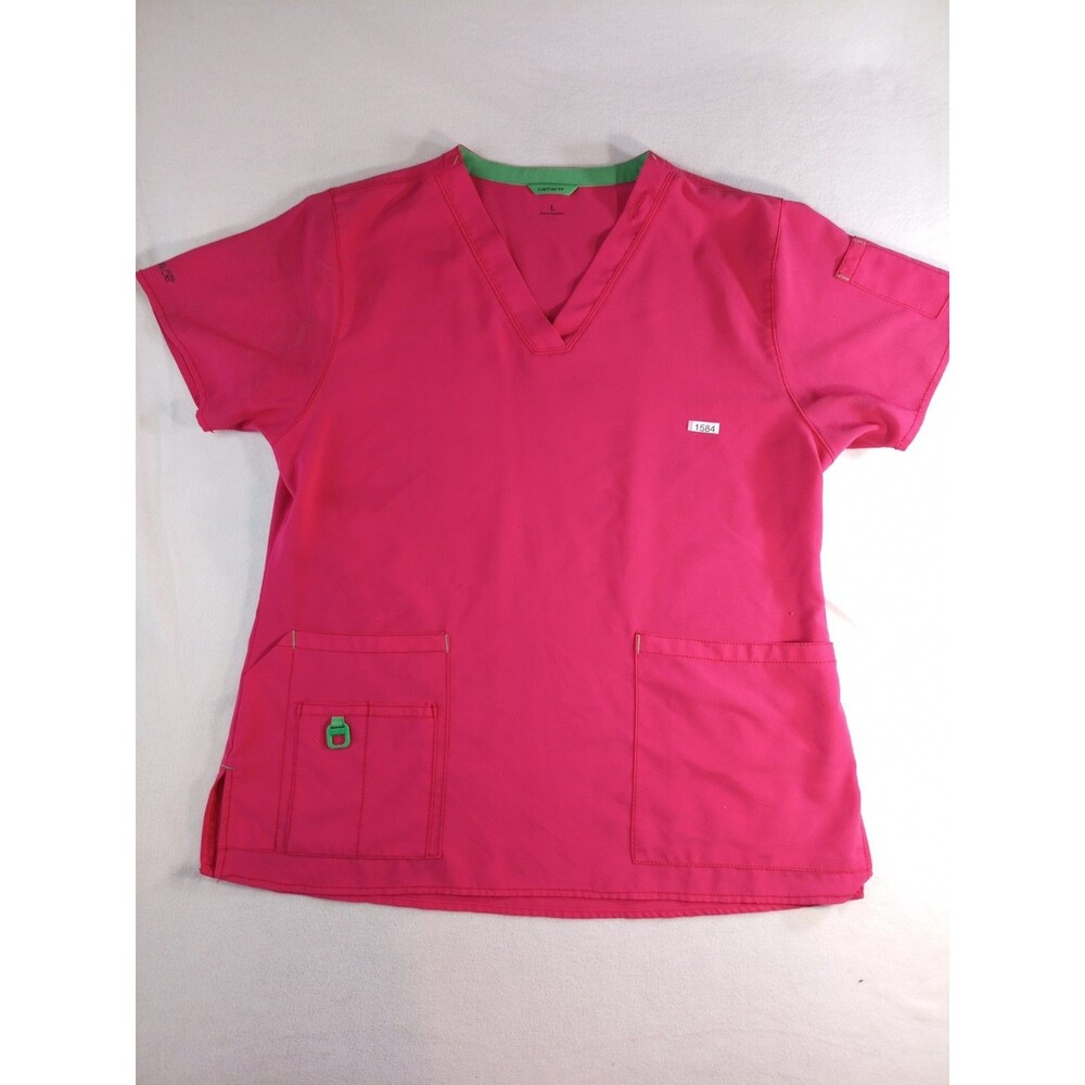 Carhartt Scrub Top Womens Large Pink Green Stretch Medical Nurse Uniform